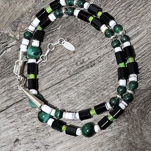 Running Bear RB Sterling Silver Gemstone Navajo Necklace 24" Malachite Onyx